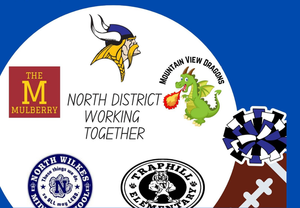 Community night with logos from North Wilkes High School, Mountain View Elementary, Traphill Elementary, Mulberry Elementary, and North Wilkes Middle School