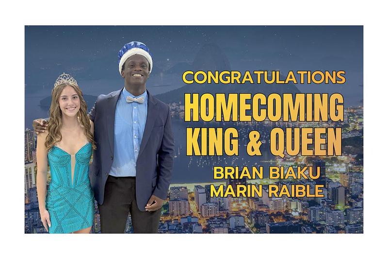 Celebratory announcement for homecoming king and queen with students posing together.