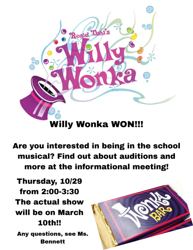 willy wonka school flyer with hat and candy bar