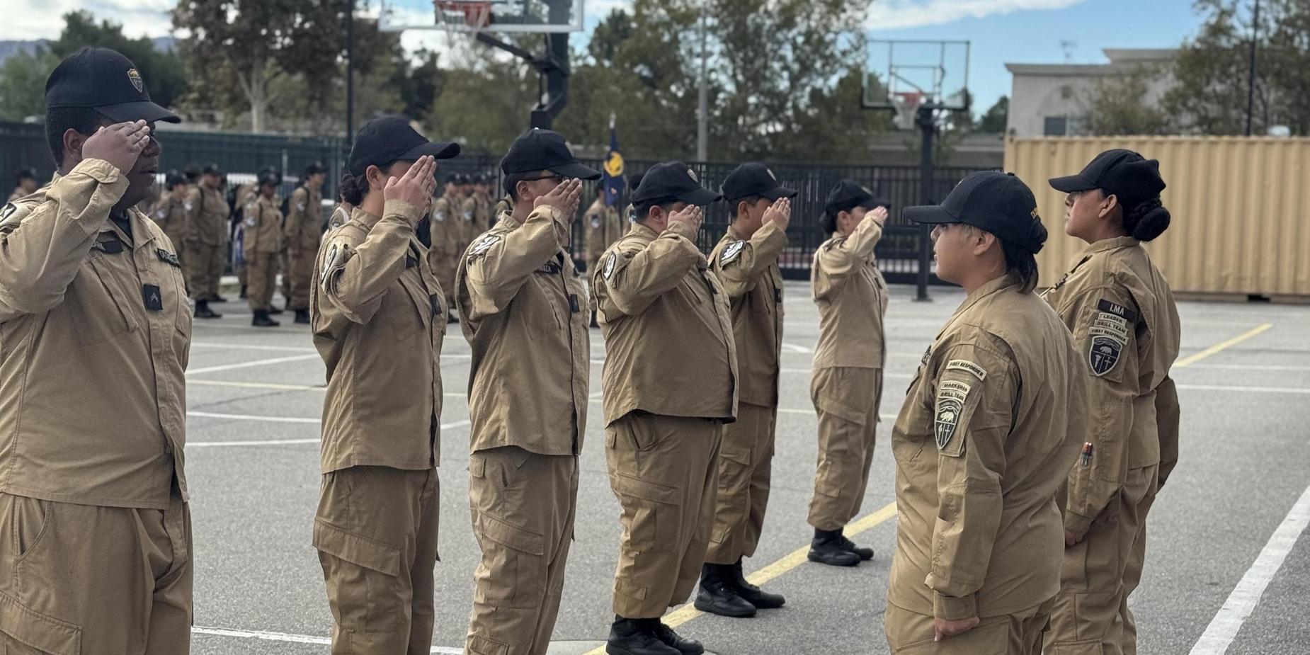 A group of uniformed individuals saluting in formation outdoors.