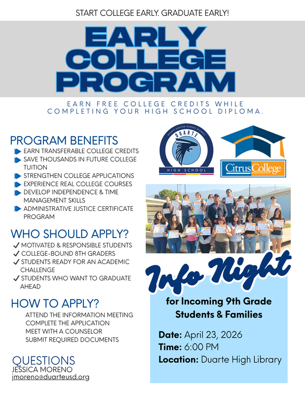 Early college program description for 9th grade students interested in early college for the 2026-2027 school year