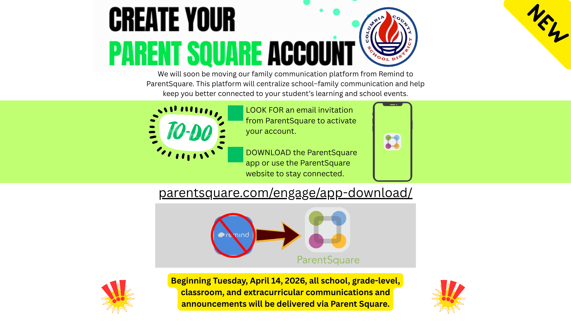 Announcement about transitioning to ParentSquare for school communications.