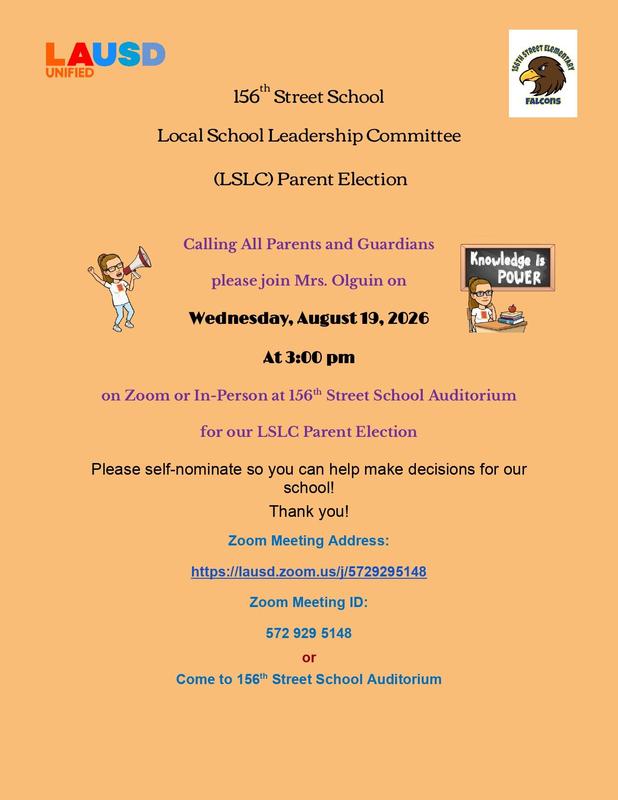 LSLC Parent Election on Wednesday, August 19, 2026 at 3 pm via Zoom and in the auditorium
