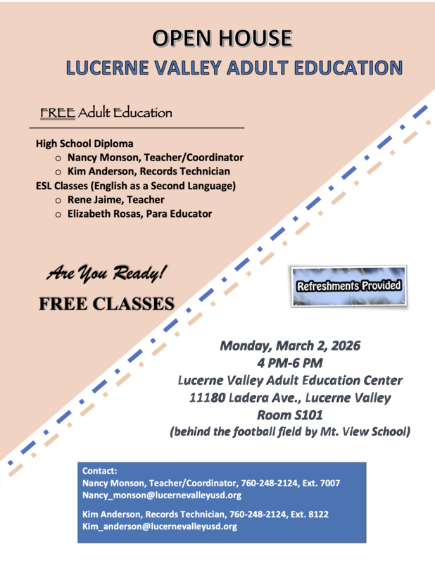 Lucerne Valley Adult Education to host Open House Featured Photo