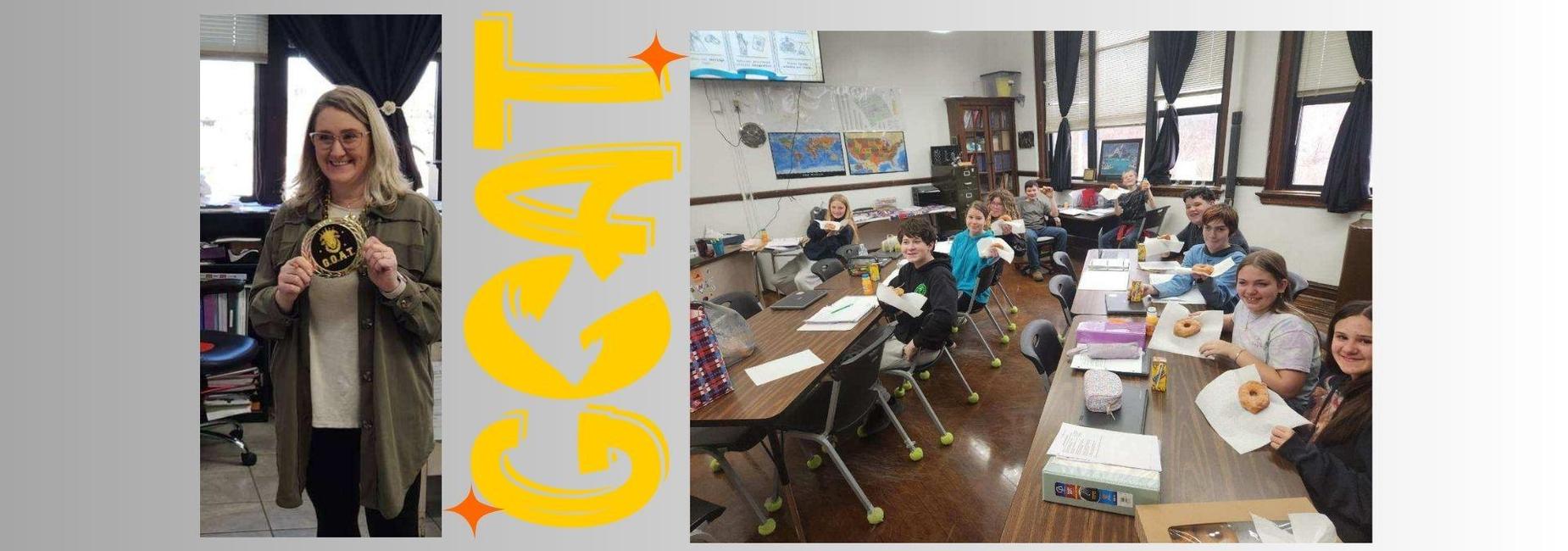 Various pictures showing students eating donuts and a teacher receiving the GOAT award for attendance
