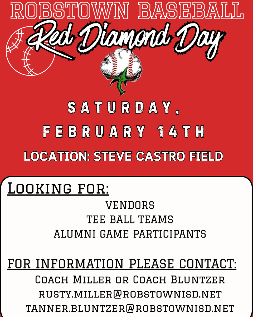 Event flyer for Robstown Baseball Red Diamond Day with details about vendors and participants.
