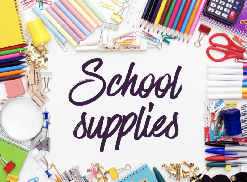 School supplies: notebook, pens, pencils, chalk, paper clips