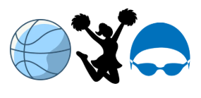Blue basketball with shadowy effect, a black figure of a cheerleader jumping in the air, and a blue cutout of half swimmer face
