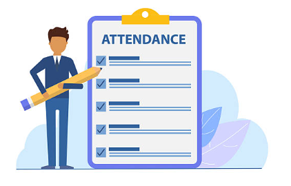 A tan person in a suit holding a supersized pencil taking attendance on a supersized attendance clipboard