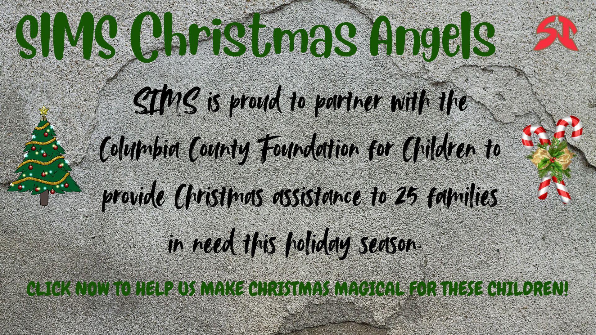 Text announcing SIMS Christmas Angels initiative with a Christmas tree and decorations.