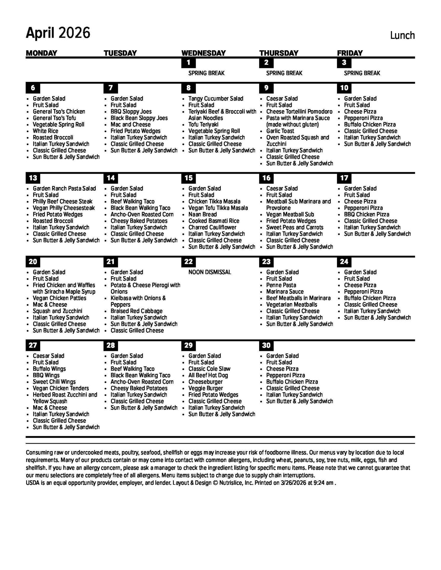 April 2026 Lunch Menu