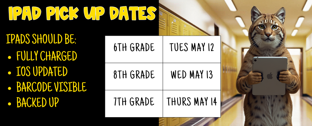 Information on iPad pick up dates with a cartoon animal character.