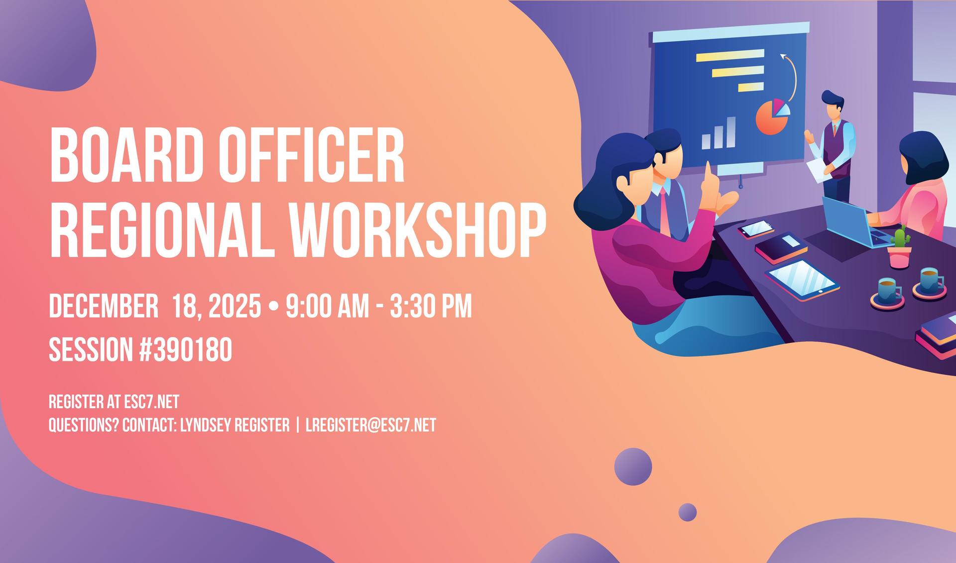 Illustrated graphic for the Board Officer Regional Workshop showing a group meeting with charts, laptops, and notes, representing teamwork and leadership development.