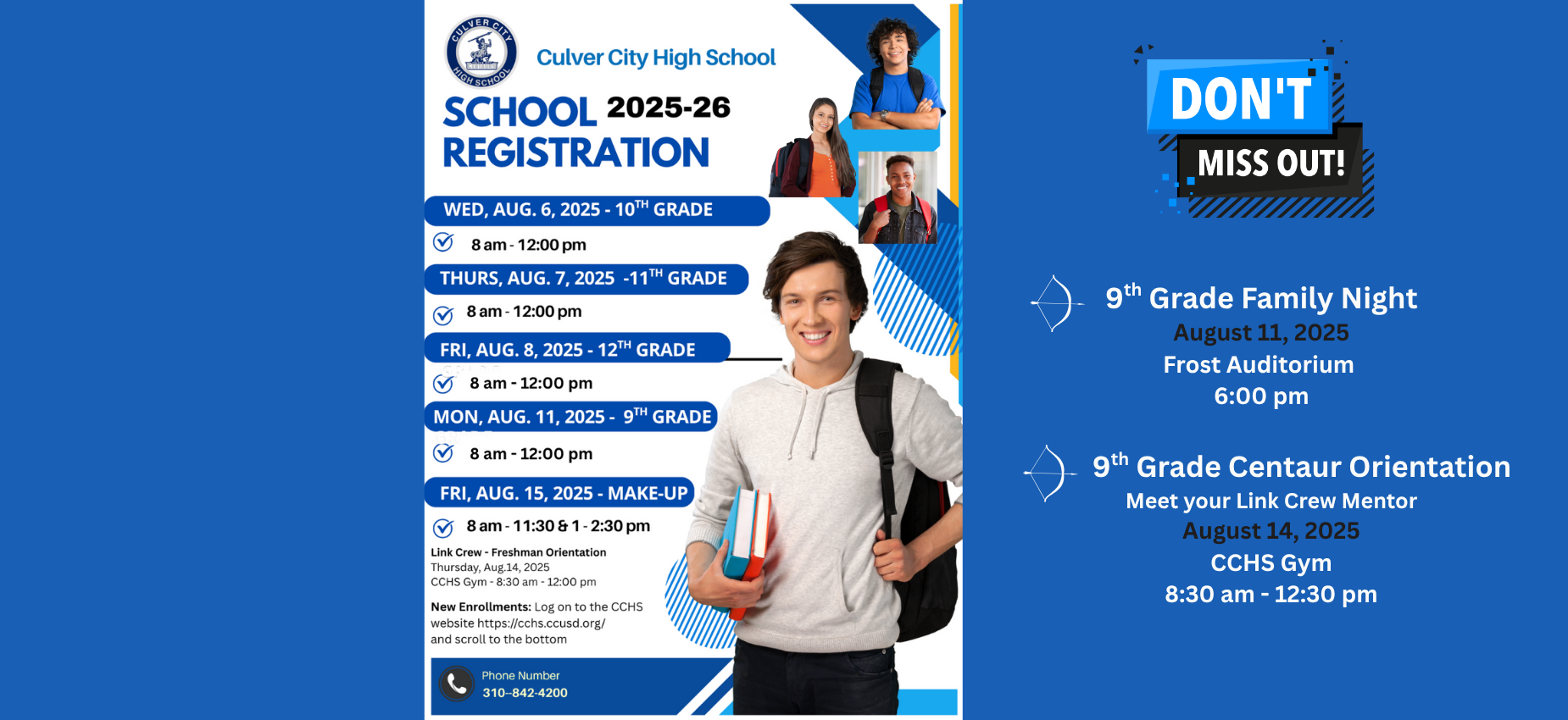 Culver City High School registration flyer with dates, times, and events.