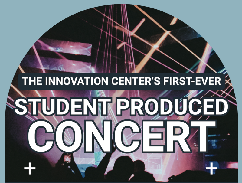 concert flyer with featuring a concert venue with strobe lights