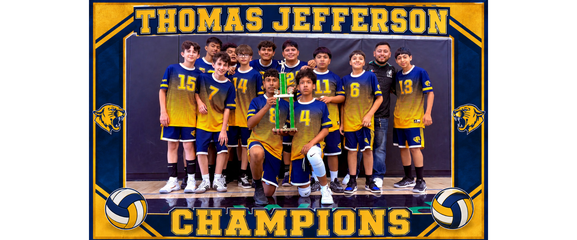 A group of young athletes posing with a trophy, celebrating their championship win.