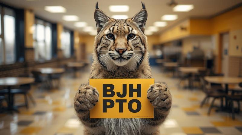 bobcat standing in a school cafeteria holding a yellow sign that says BJH PTO