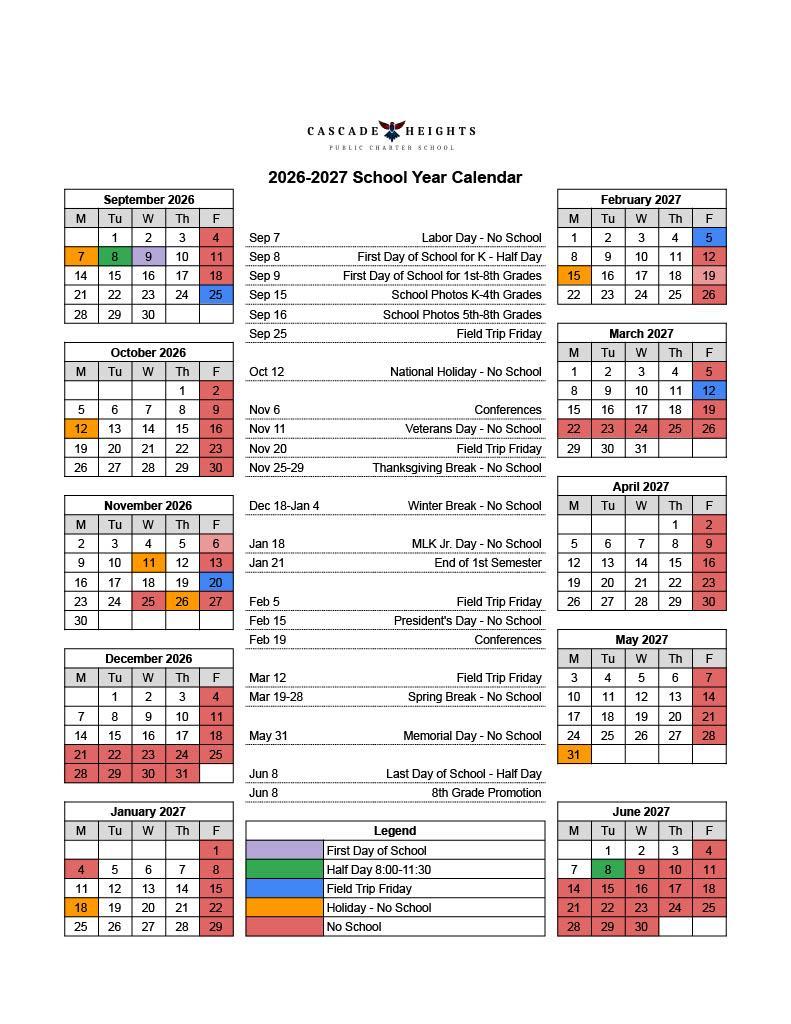 School Calendars – Parent Resources – Cascade Heights Public Charter School