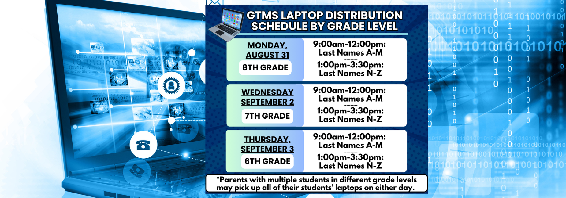 Schedule for GTMS laptop distribution by grade level.