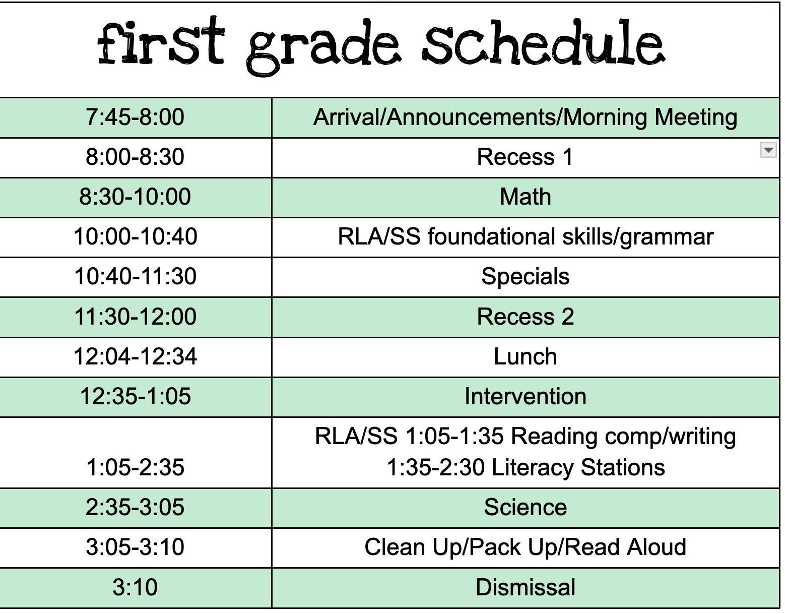 Weekly first grade schedule with times, subjects, and activities listed.