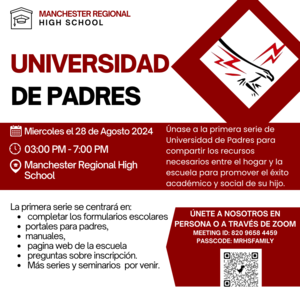 Reminder, Parent University today, Wednesday, 08/28/24 from 3:00pm-7:00pm in the MRHS Innovation Center!  Stop by anytime between 3:00pm and 7:00pm for support or login virtually via Zoom.  All information available in English and Spanish.  Use Door 15 to enter.  See attached fliers!