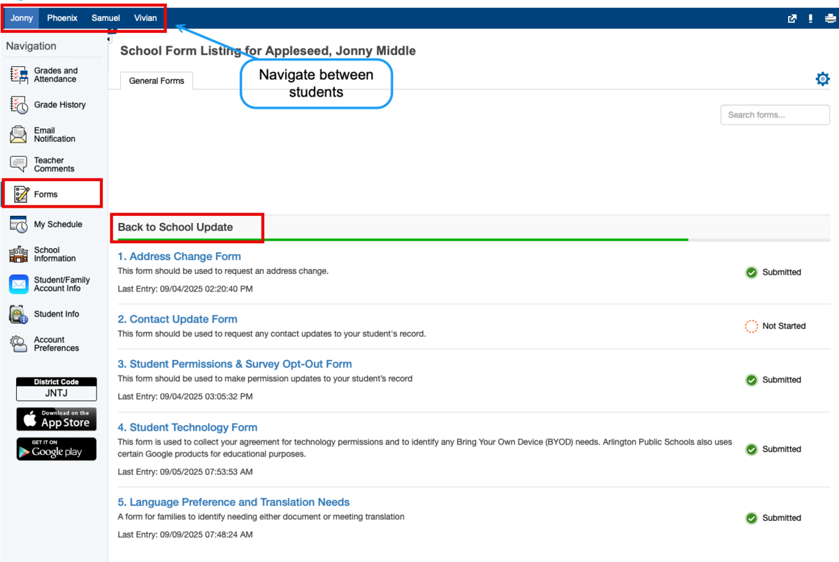 PowerSchool Menu showing Forms button on the left, and Back to School Forms on right 