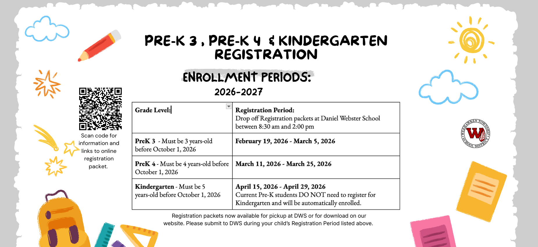 PreK 3, PreK 4 and Kindergarten Registration Enrollment Periods 2026-2027
PreK 3 - February 19th - March 5th
PreK 4 - March 11th - March 25th
Kindergarten - April 15th - April 29th