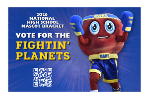 Red mascot character representing Mars, encouraging votes for 'Fightin' Planets'.