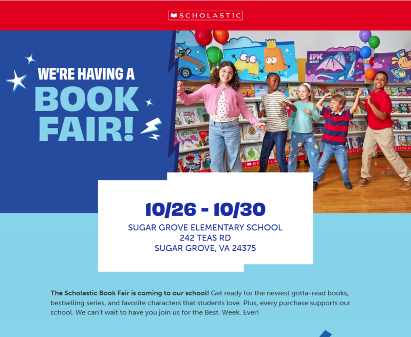 Screenshot of webpage for the Scholastic Book Fair at SGES October 26-30,2026
