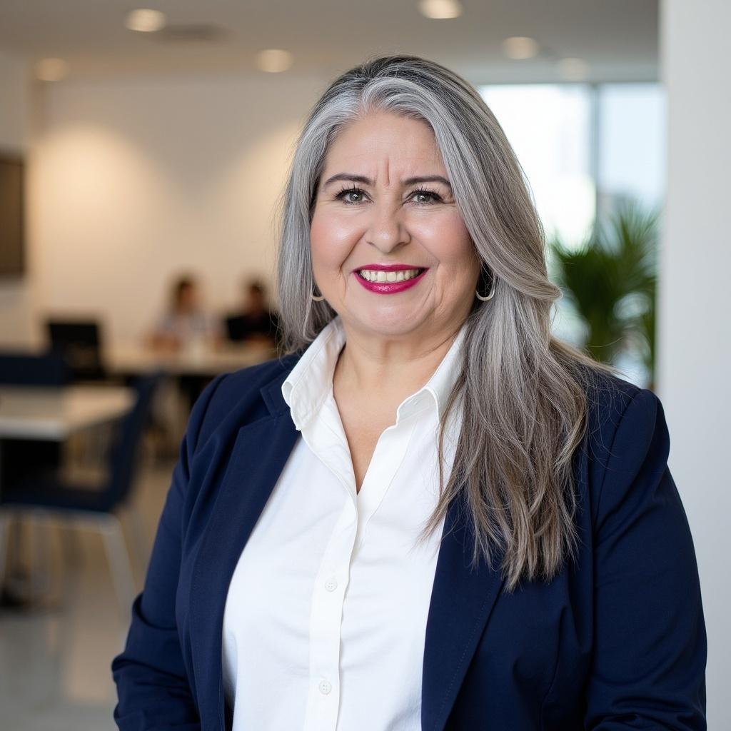 Woman with long gray hair smiling in front of a blue background.
