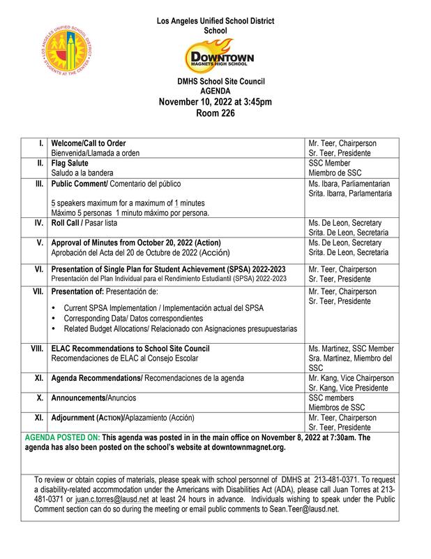 School Site Council Agenda November 10 (SSC) Featured Photo