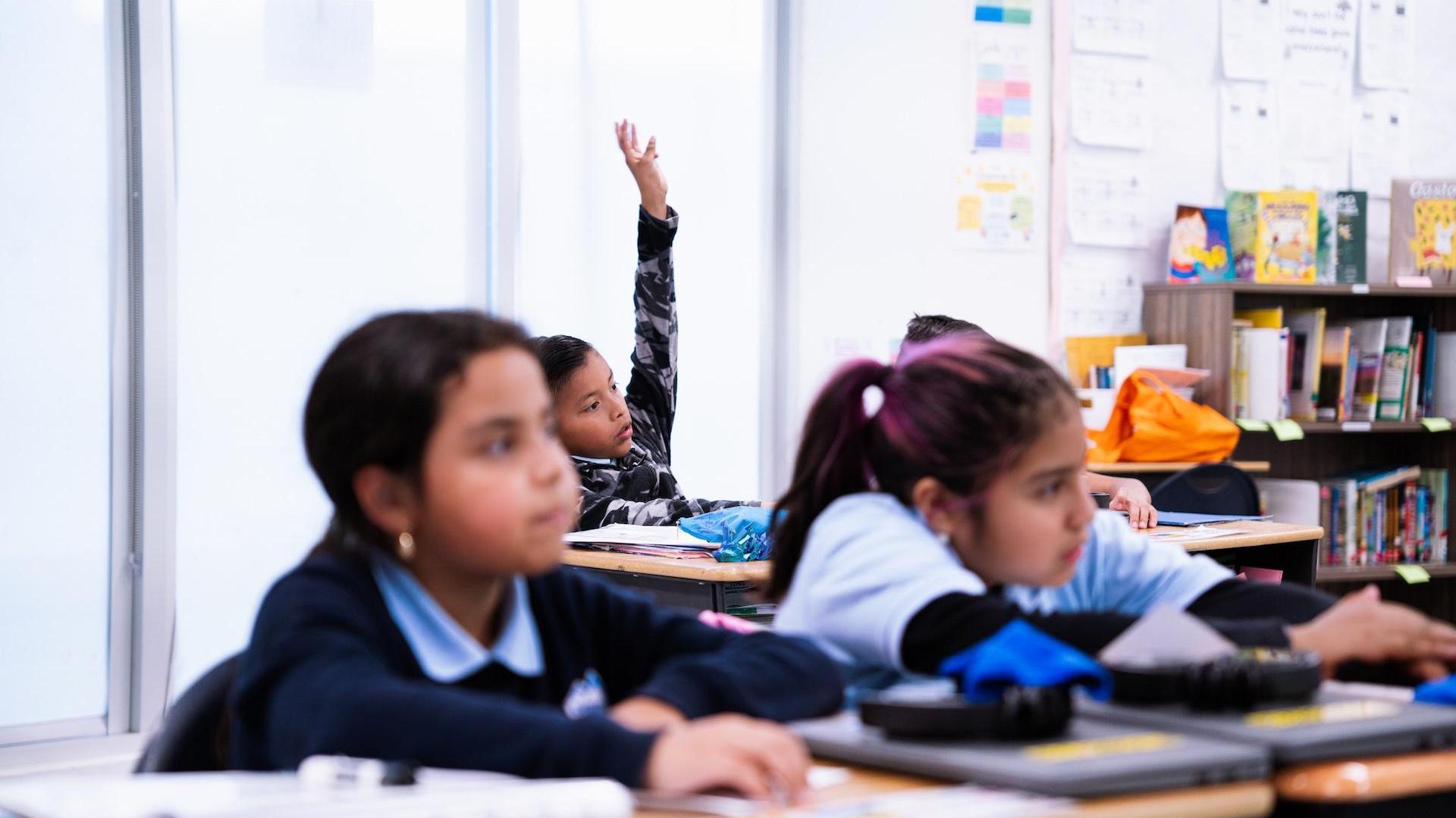 A student raises a hand in class while others focus on their work.