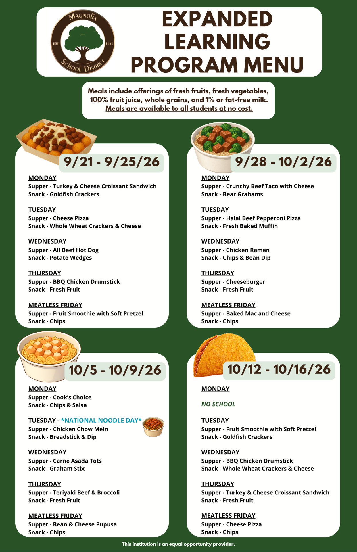 Supper and Snack Menu for SEPT-OCT 2026