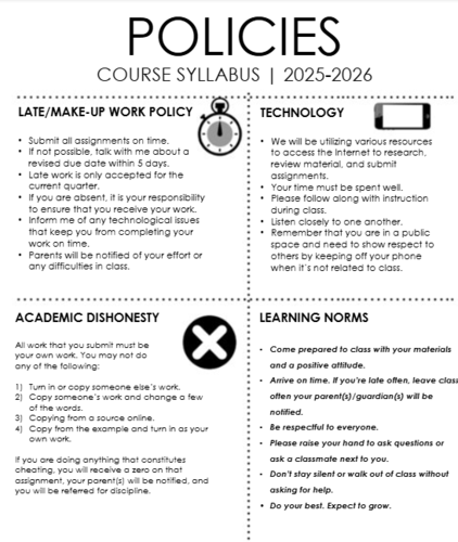 POLICIES - description of class procedures and expectations.