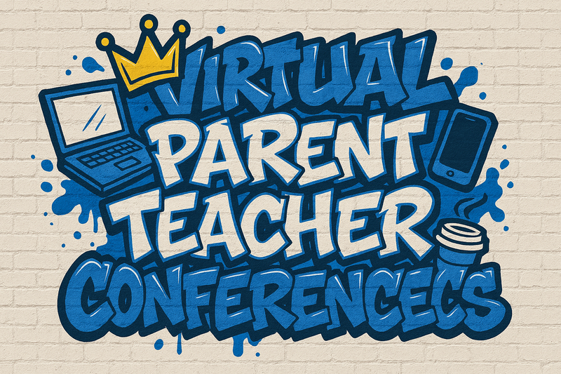 Virtual Parent Teacher Conferences written in graffiti letters