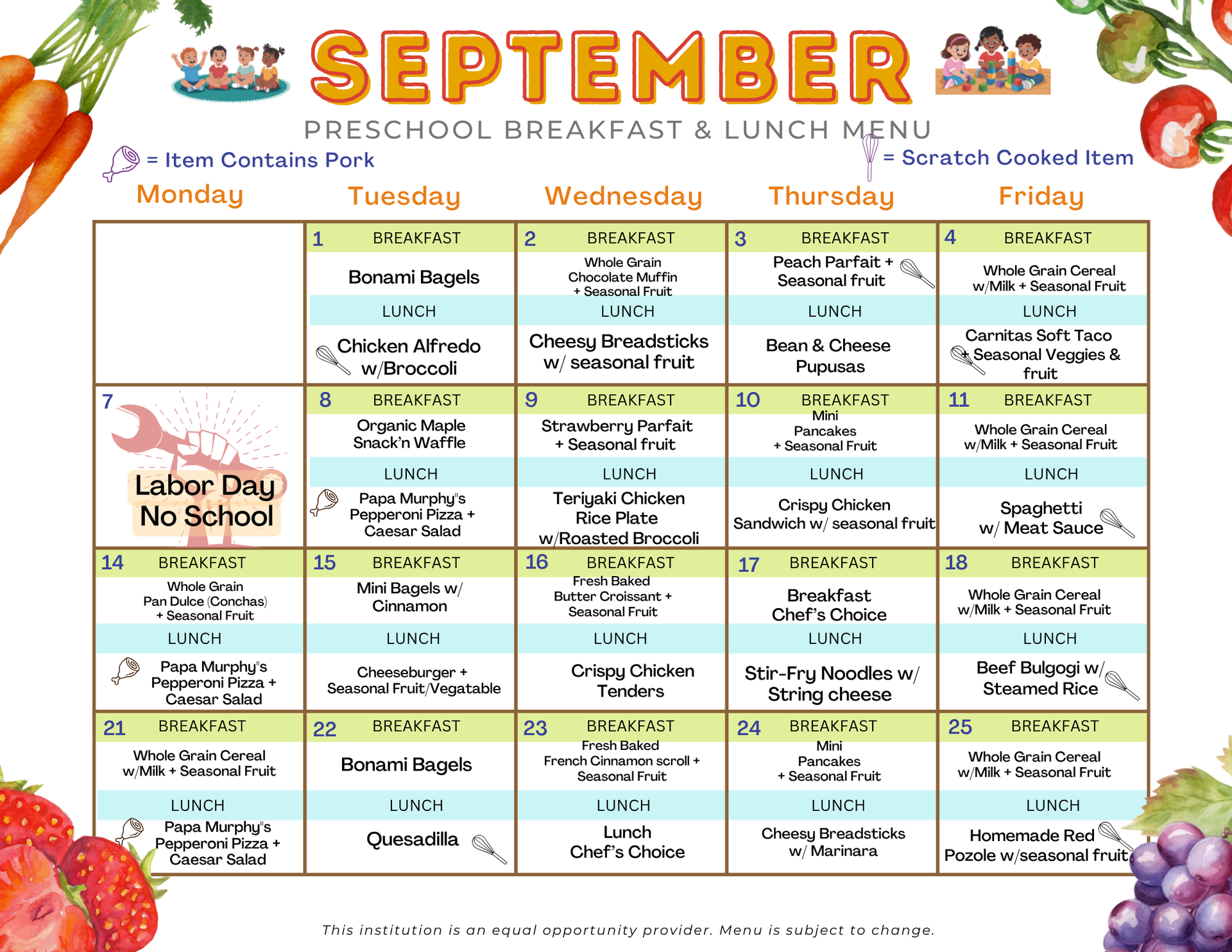 Sept 2026 Preschool Menu
