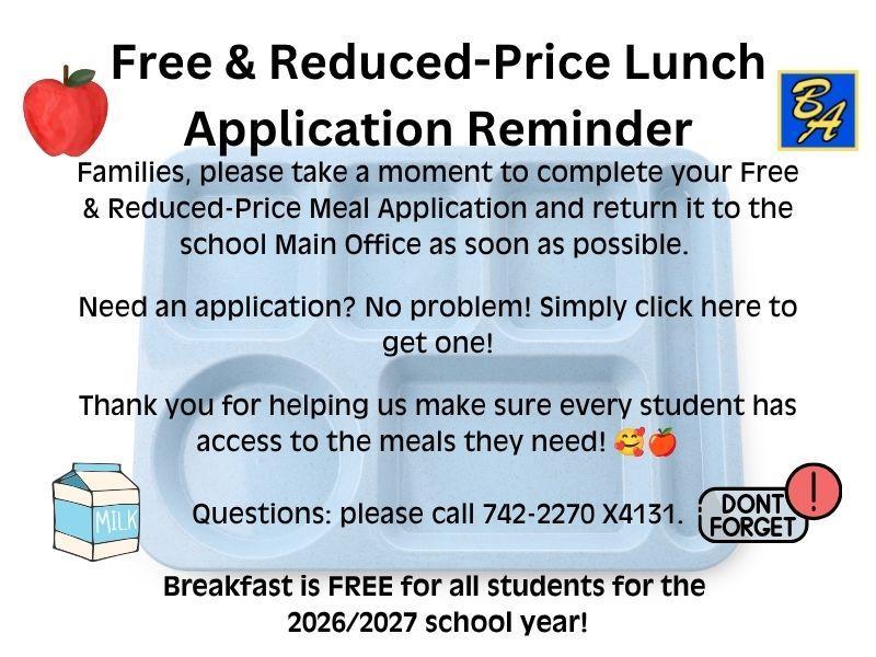 Reminder for free and reduced-price lunch applications with contact info.