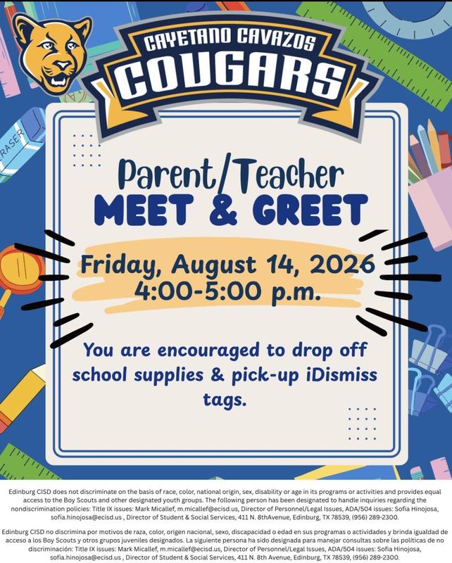 Parent meet and greet Aug. 14th 4-5 PM