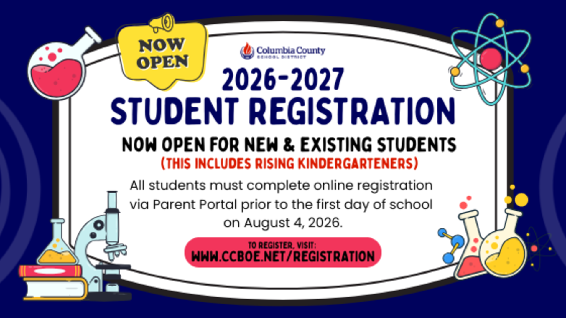 Colorful announcement for 2026-2027 student registration details.