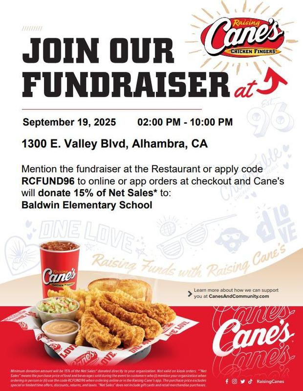 Baldwin Raising Cane's Fundraiser 9/19 2pm - 10 pm