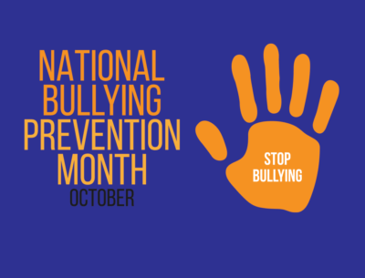 National Bullying Prevention Month is typed on blue background with orange hand print