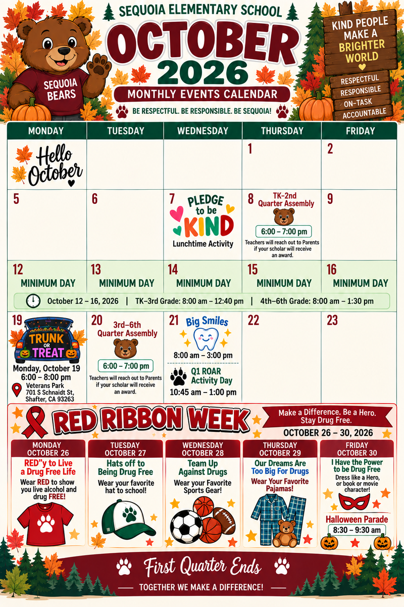 Sequoia Elementary October 2026 Events Calendar
