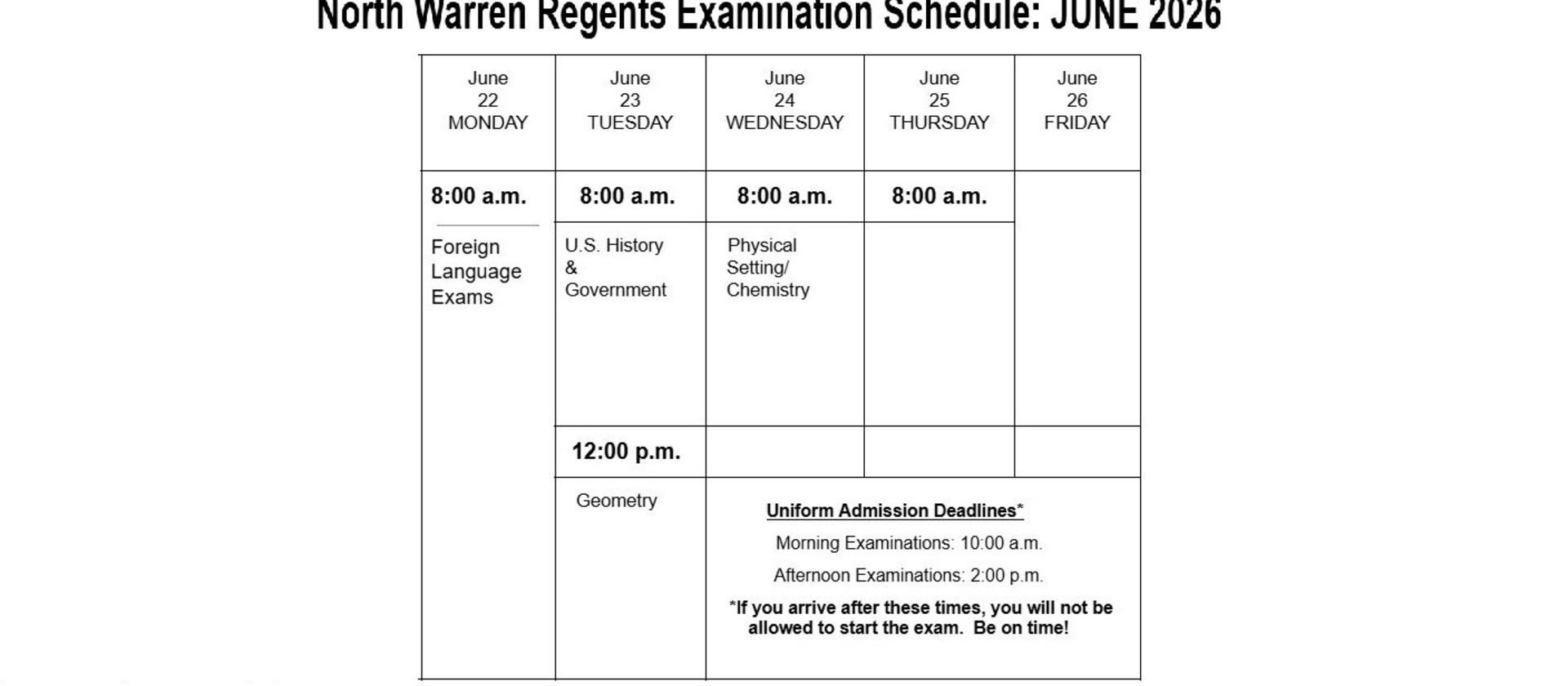 2026 North Warren Regents Exam Schedule