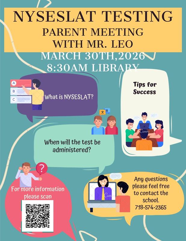 NYSESLAT Testing Parent Meeting flyer. Monday, March 30th, 2026.