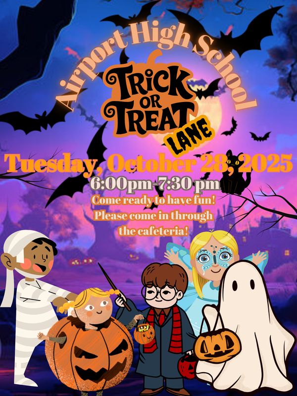 Halloween illustration of costumed trick or treaters with Airport event infoTrunk or Treat day, date, time