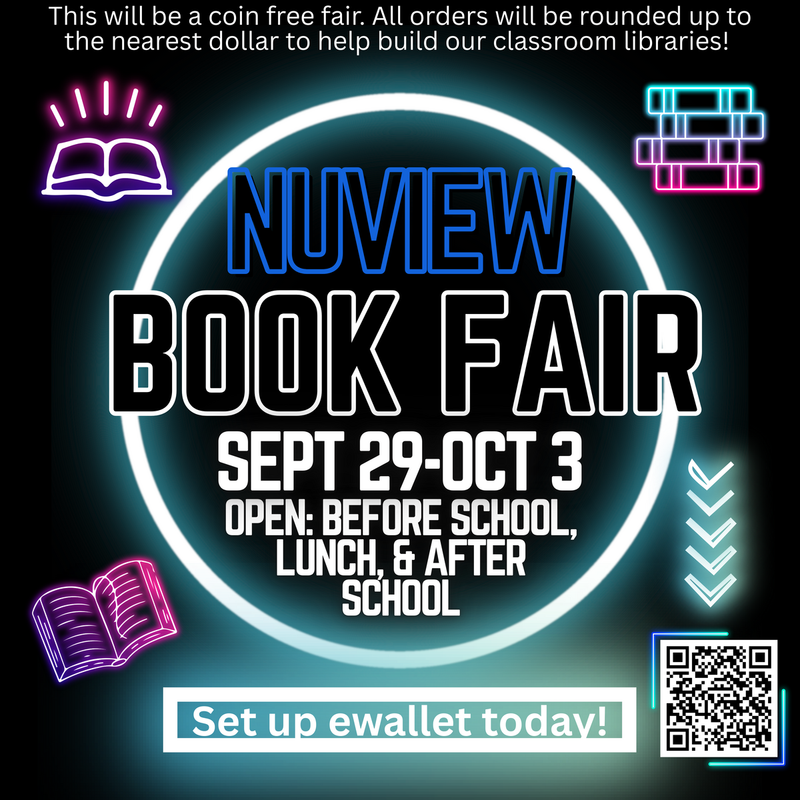 Black flyer with neon "lights"- neon white, blue, and pink lettering and neon shaped books.
