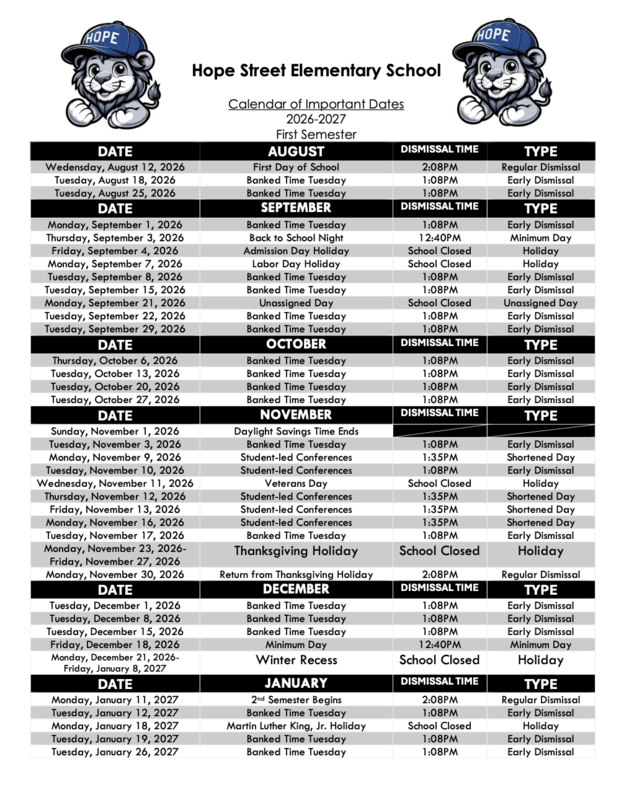 Calendar of Events- First Semester