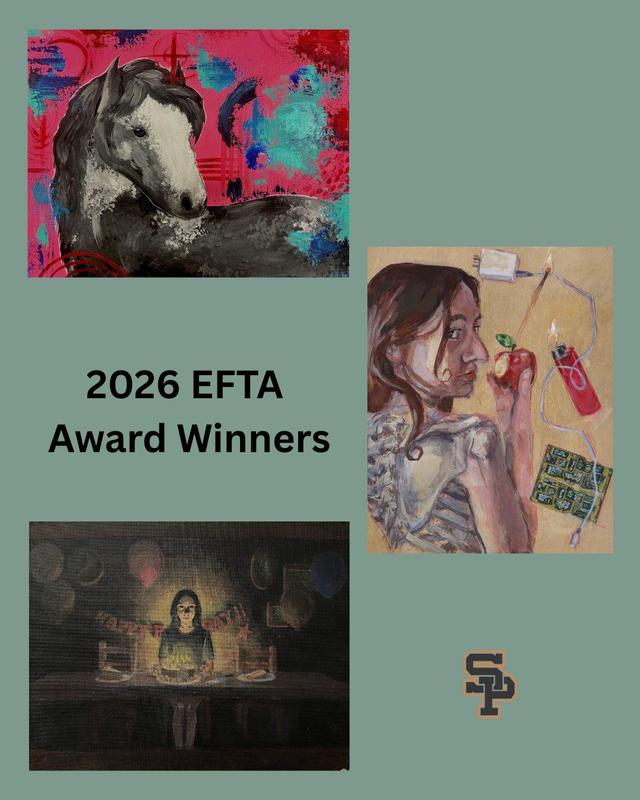 Clockwise from upper left: Artworks by Sage Chang, Sasha Levie, and Amy Lee have been awarded Honorable Mentions in the 2026 EFTA Contest. (Artworks provided by SPHS students)
