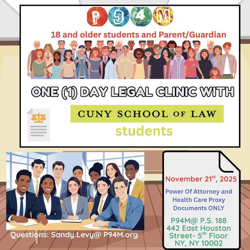 An event flyer promoting a legal clinic for students and guardians.