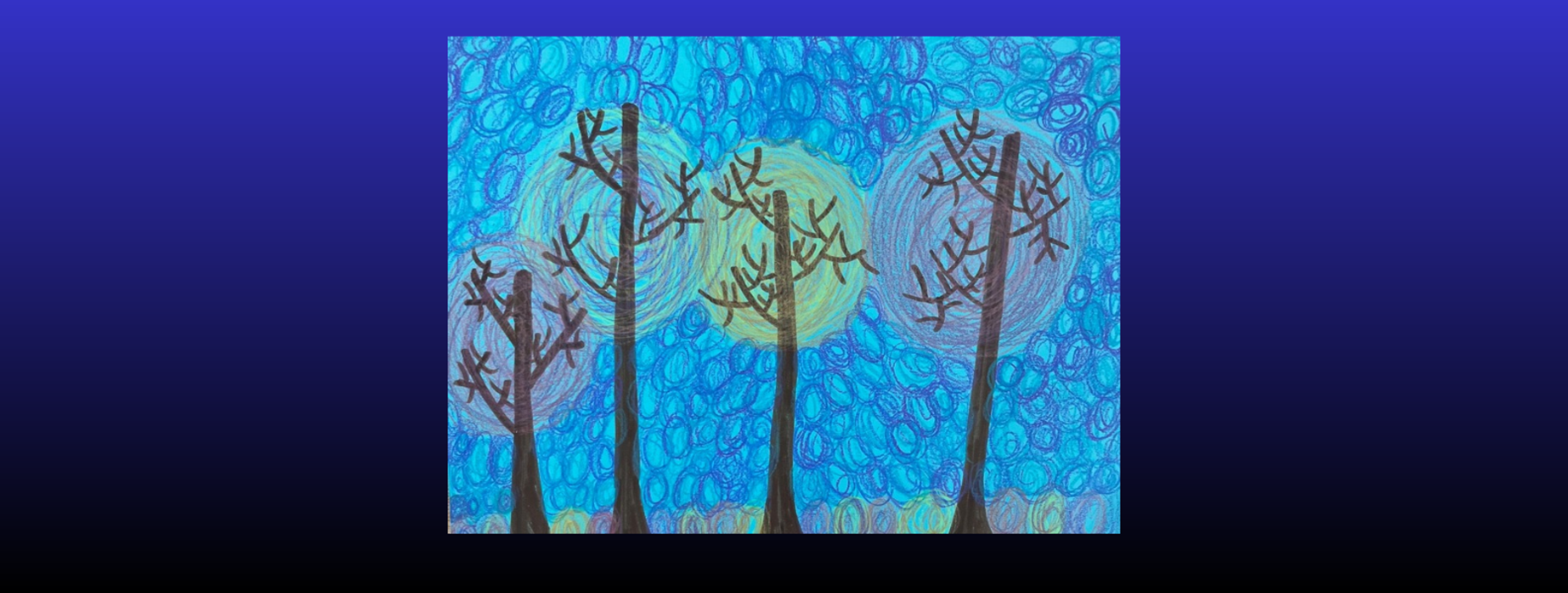Colorful abstract artwork featuring three tall trees against a bright blue background.